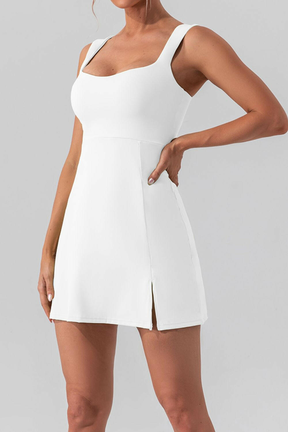 Square Neck Sleeveless Slit Mini Active Dress - StyleLure