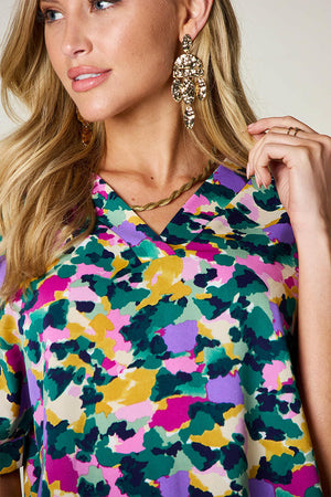 Double Take Full Size Printed V-Neck Short Sleeve Side Slit Top - StyleLure