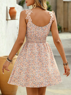 Lace Detail Smocked Printed Wide Strap Mini Dress - StyleLure