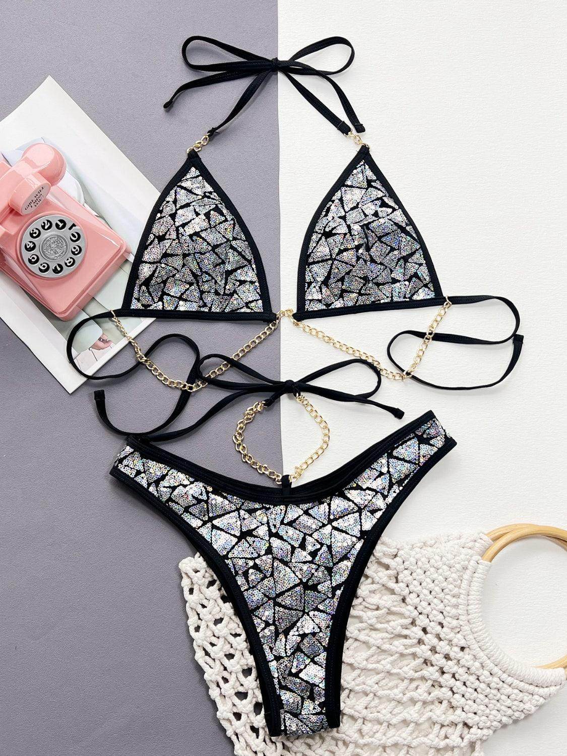 Sequin Halter Neck Two-Piece Bikini Set - StyleLure