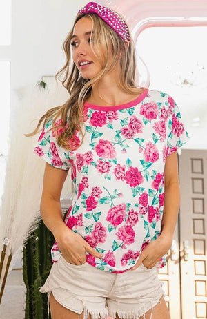 BiBi Rose Print Thermal Neck Binding Dolman Sleeves Top - StyleLure