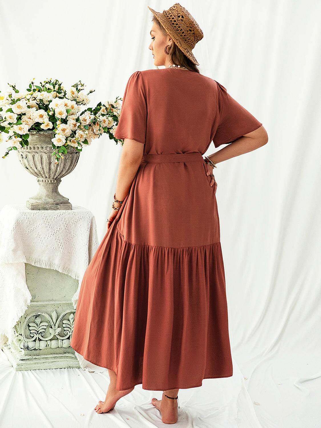 Plus Size V-Neck Flutter Sleeve Midi Dress - StyleLure