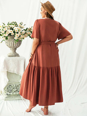 Plus Size V-Neck Flutter Sleeve Midi Dress - StyleLure