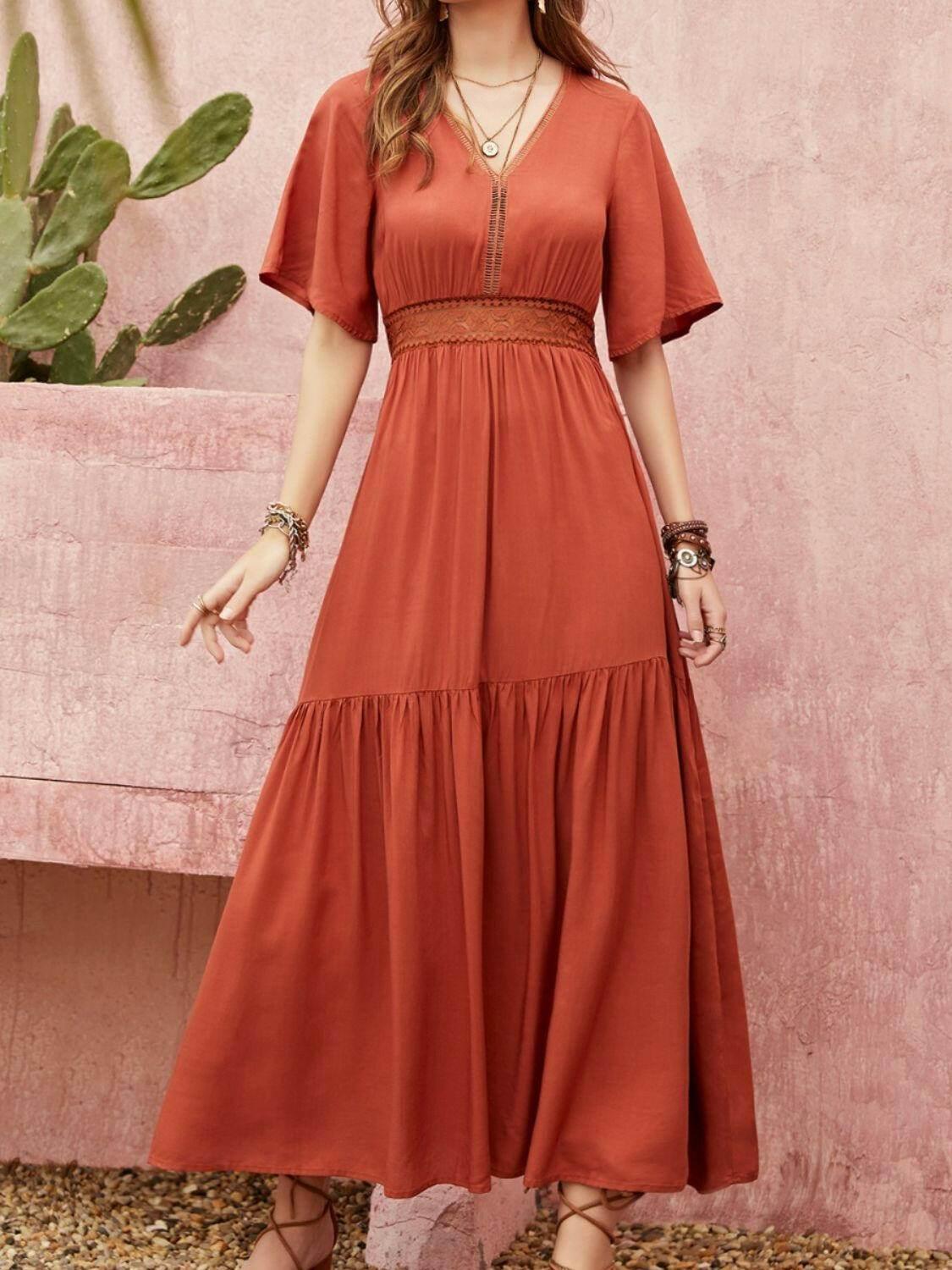 Lace Detail V-Neck Half Sleeve Midi Dress - StyleLure