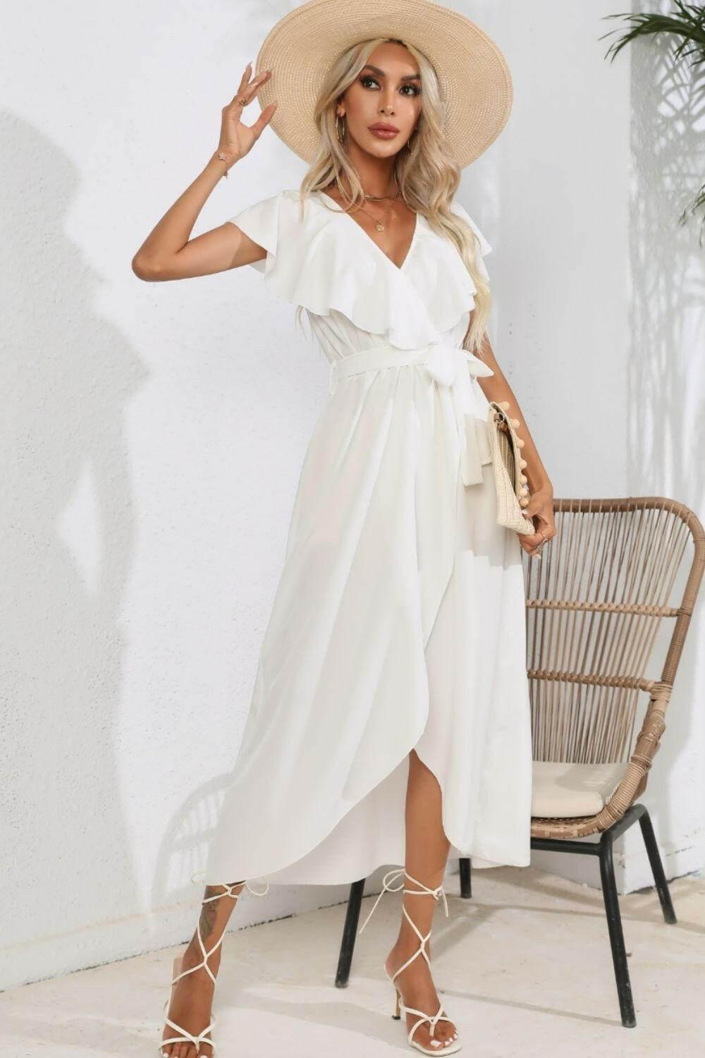 Ruffled Tied V-Neck Midi Dress - StyleLure