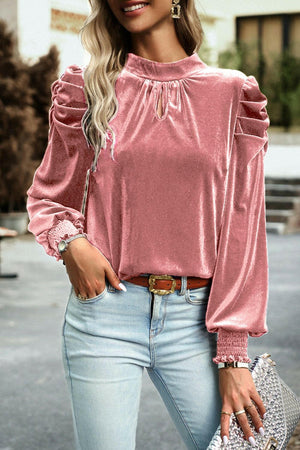 Tie Up Mock Neck Velvet Fabric Long Sleeve Blouse - StyleLure