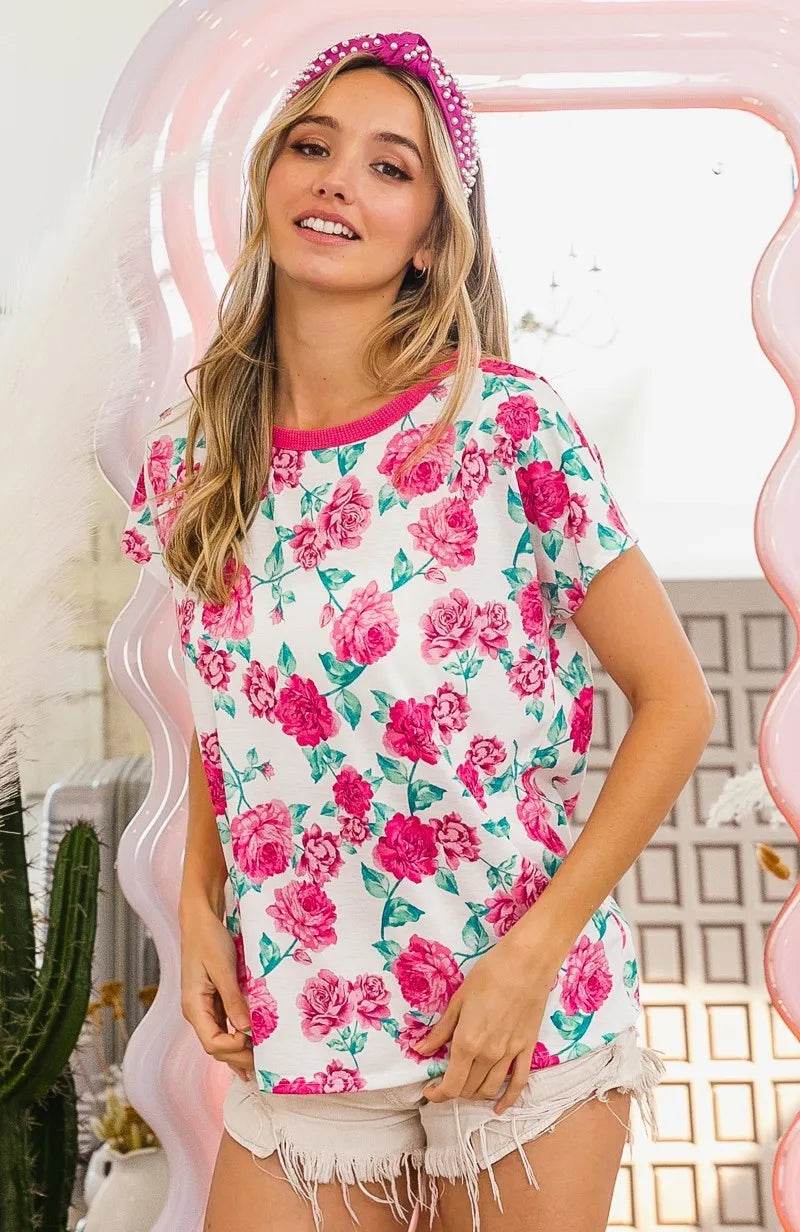 BiBi Rose Print Thermal Neck Binding Dolman Sleeves Top - StyleLure