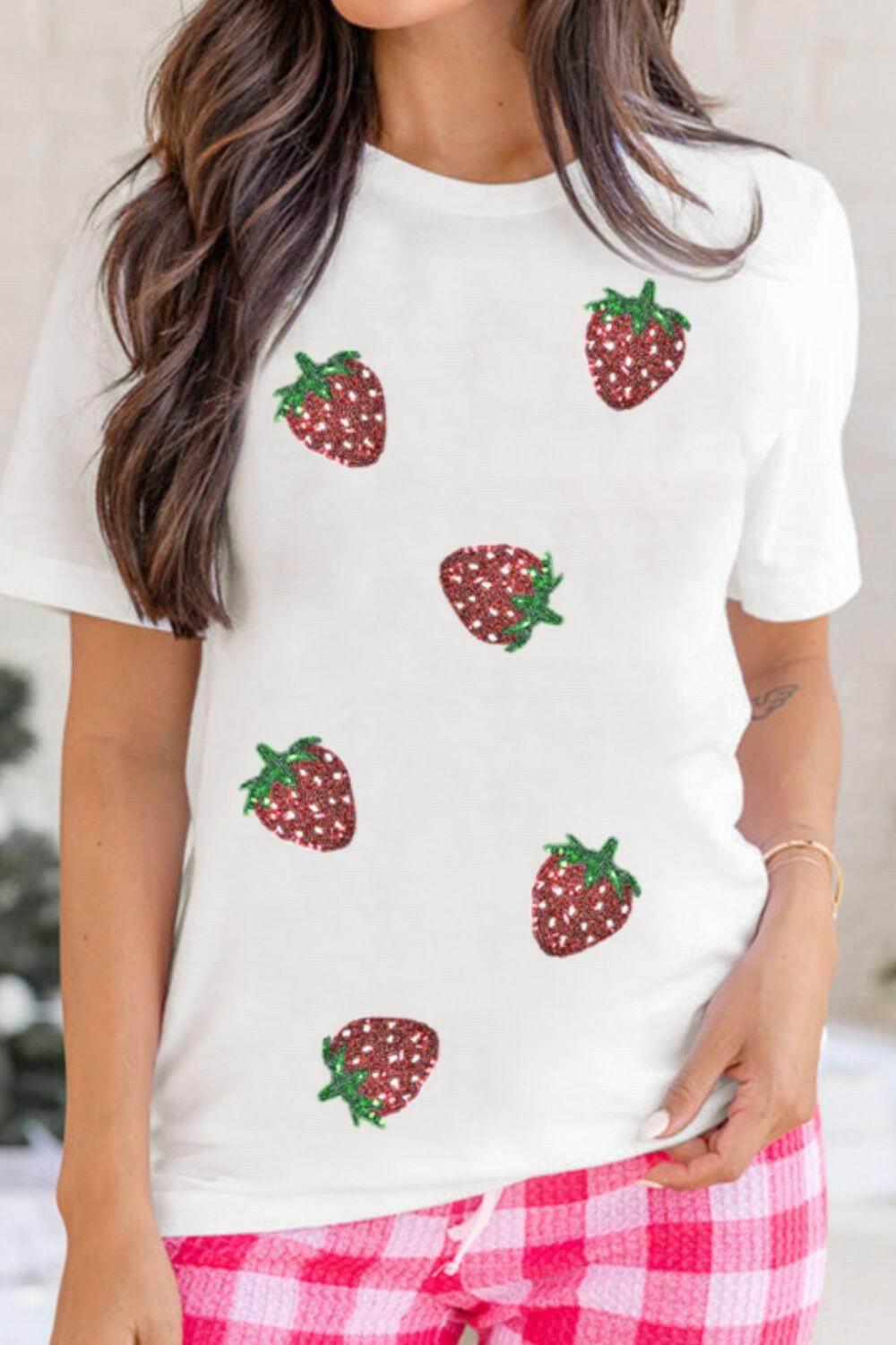 Sequin Strawberry Crew Neck Short Sleeve T Shirt - StyleLure