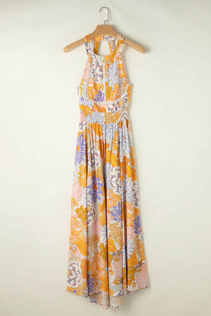 Tied Printed Grecian Sleeveless Maxi Dress - StyleLure