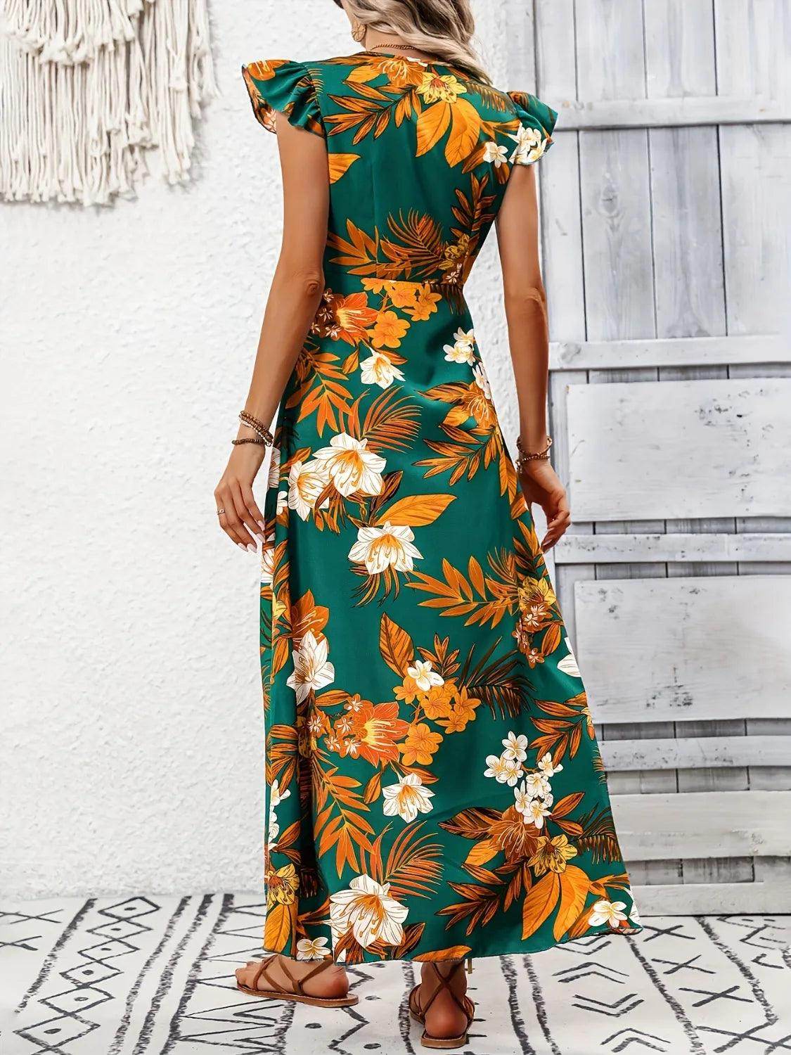 High-Low Printed Cap Sleeve Maxi Dress - StyleLure