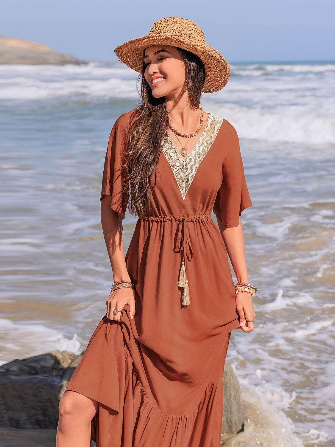 Ruffled Tassel V-Neck Flutter Sleeve Dress - StyleLure