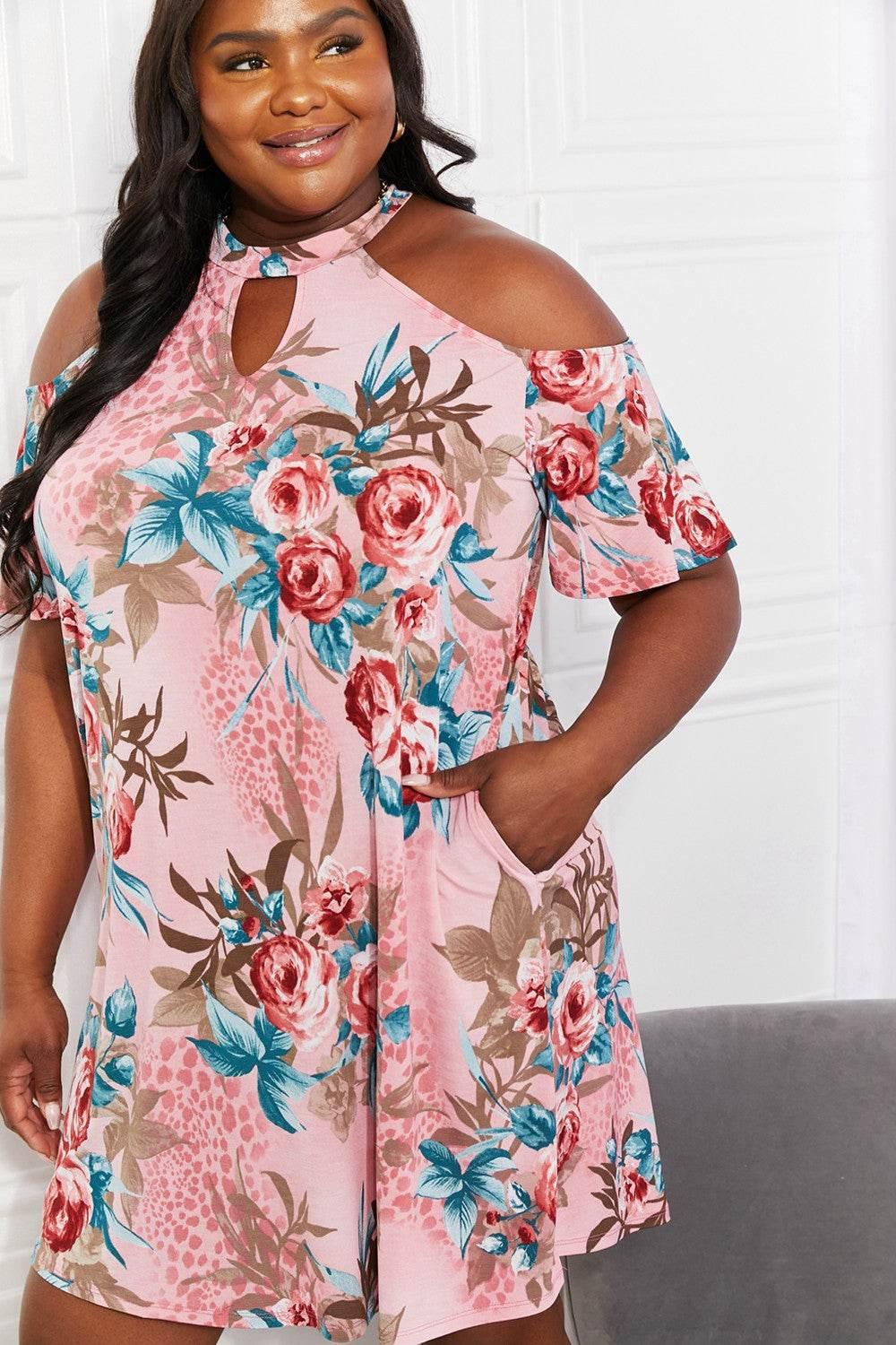 Sew In Love Full Size Fresh-Cut Flowers Cold-Shoulder Dress - StyleLure