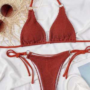 Textured Halter Neck Tie Side Bikini Set - StyleLure