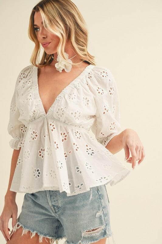Aemi + Co Eyelet Embroidered V-Neck Half Sleeve Peplum Blouse - StyleLure