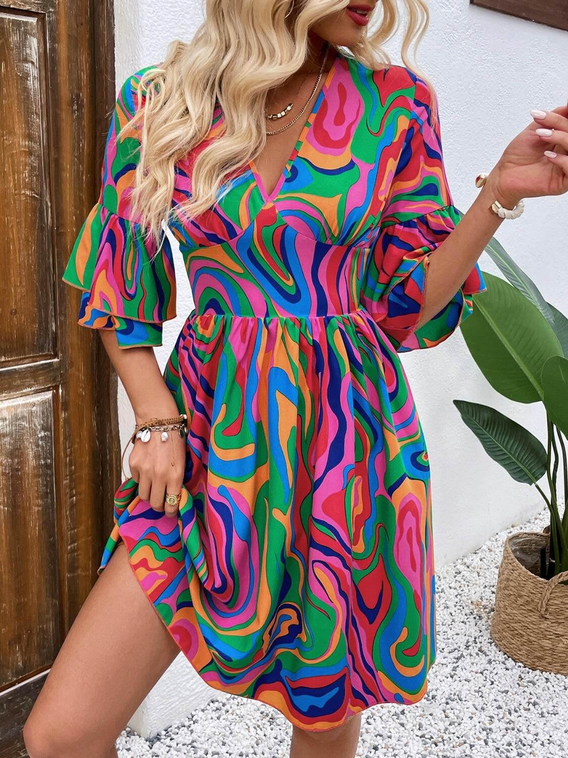 Ruffled Printed V-Neck Half Sleeve Mini Dress - StyleLure