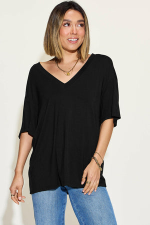 Basic Bae Full Size Bamboo V-Neck Drop Shoulder T-Shirt - StyleLure