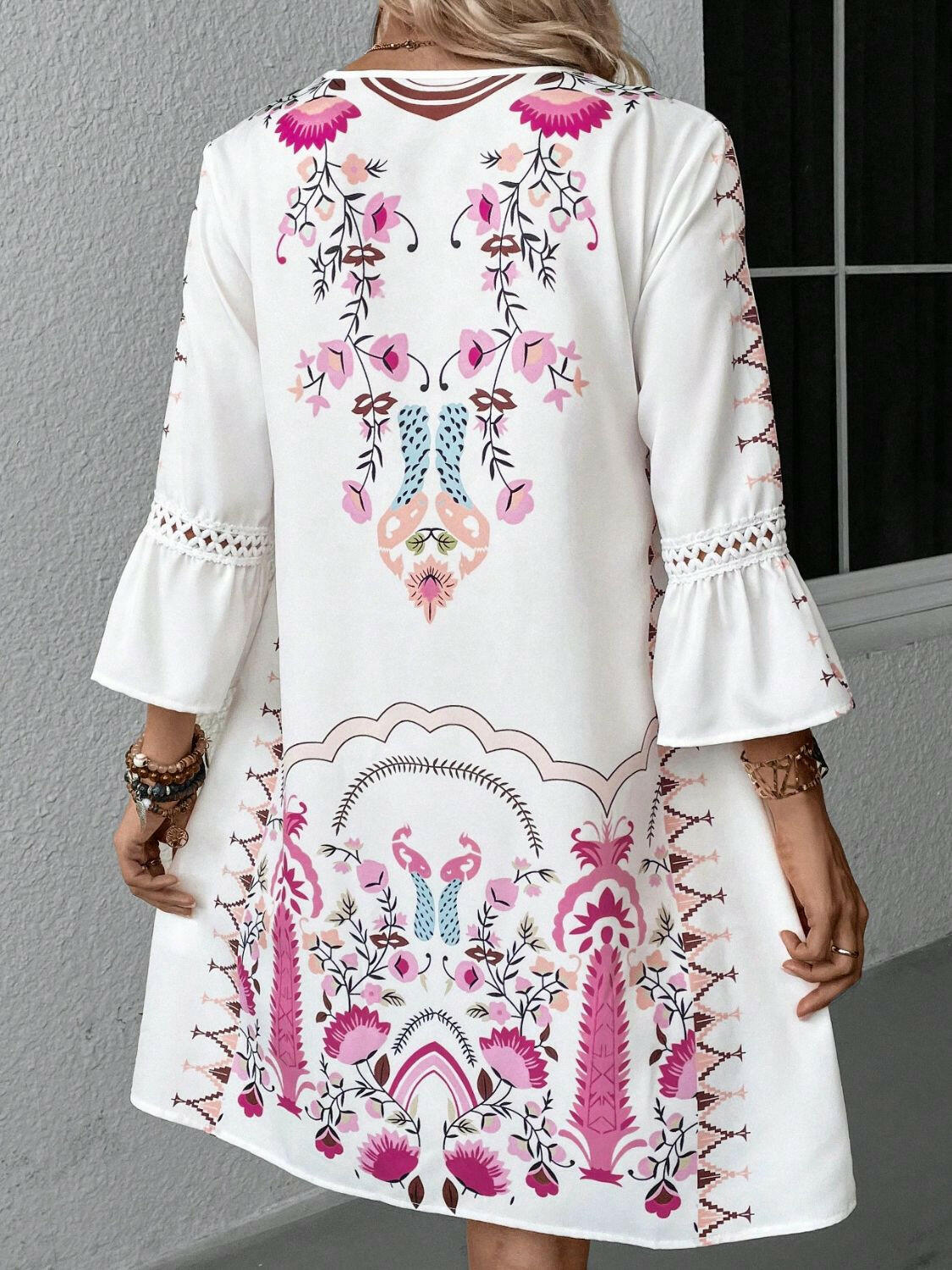 Lace Detail Printed Three-Quarter Sleeve Dress - StyleLure