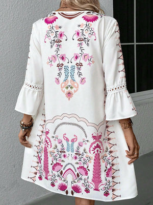 Lace Detail Printed Three-Quarter Sleeve Dress - StyleLure