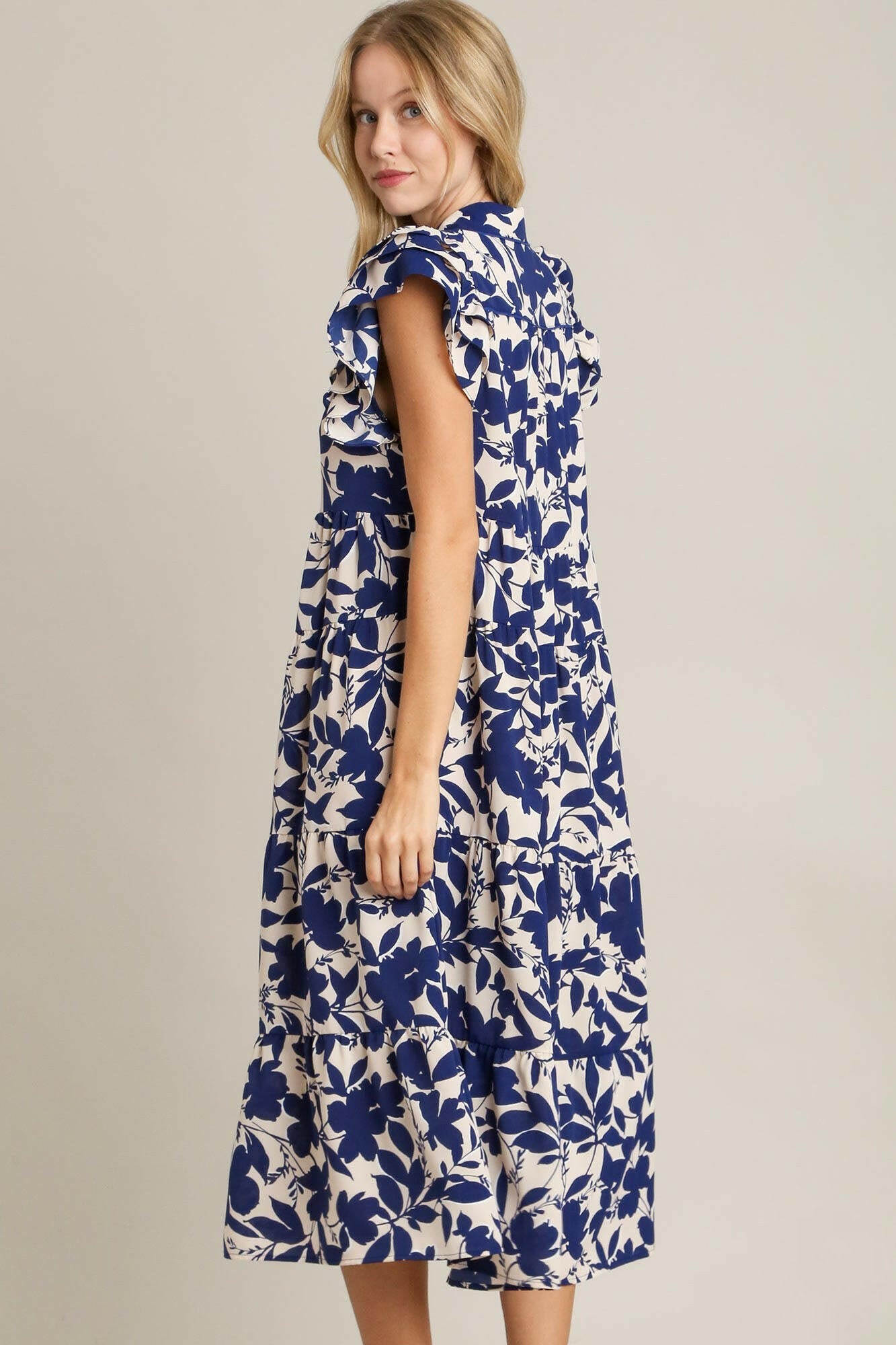 Umgee Full Size Floral Collared Ruffle Cap Sleeve Midi Dress Plus Size - StyleLure