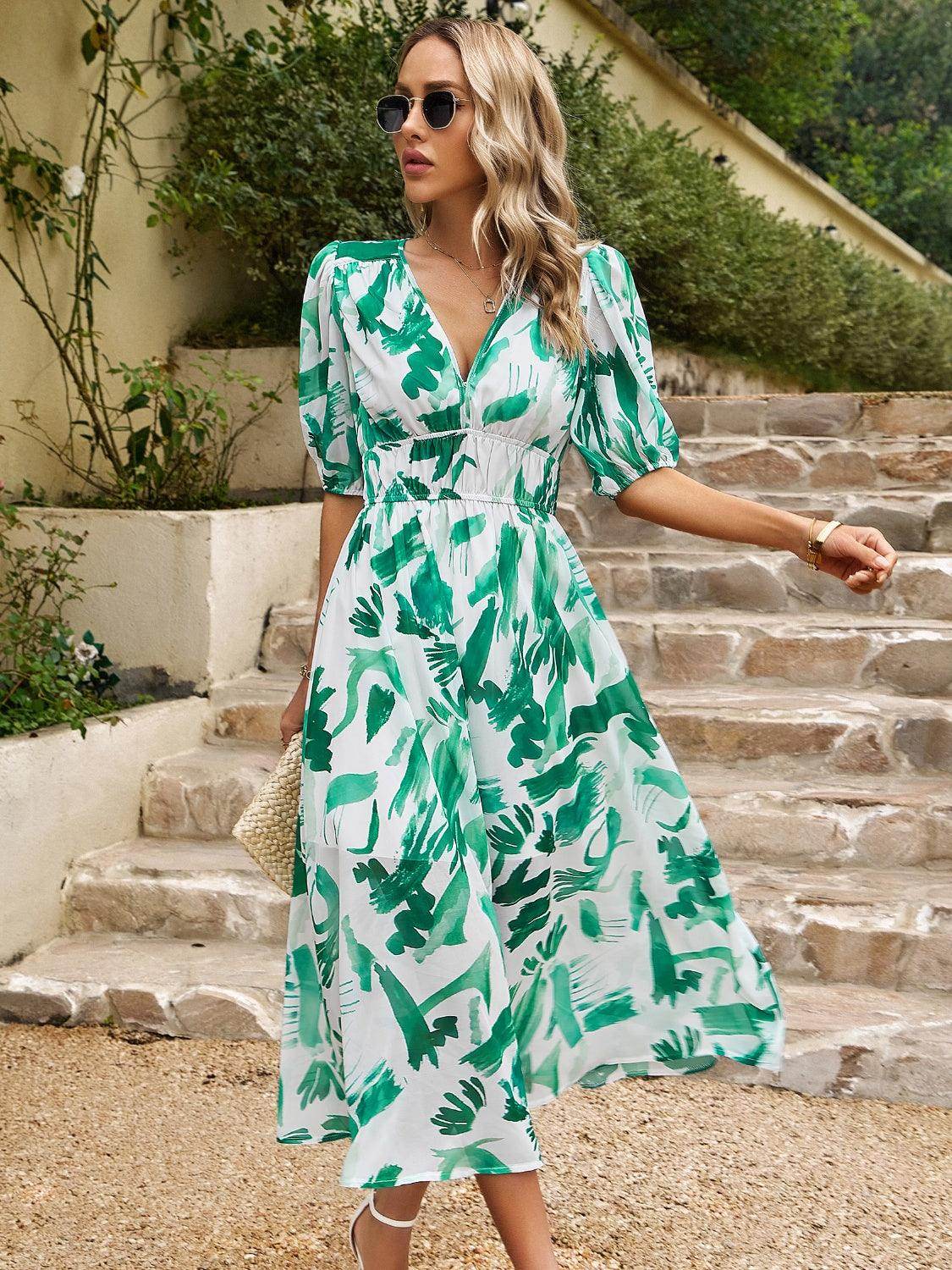 Devine Smocked Printed V-Neck Half Sleeve Midi Dress - StyleLure