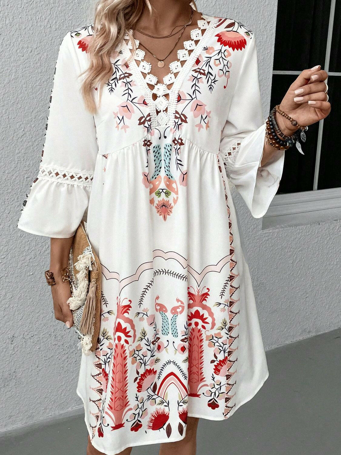 Lace Detail Printed Three-Quarter Sleeve Dress - StyleLure