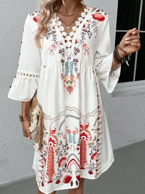 Lace Detail Printed Three-Quarter Sleeve Dress - StyleLure