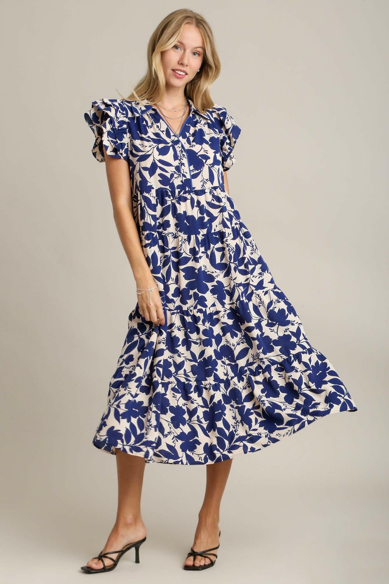Umgee Full Size Floral Collared Ruffle Cap Sleeve Midi Dress Plus Size - StyleLure