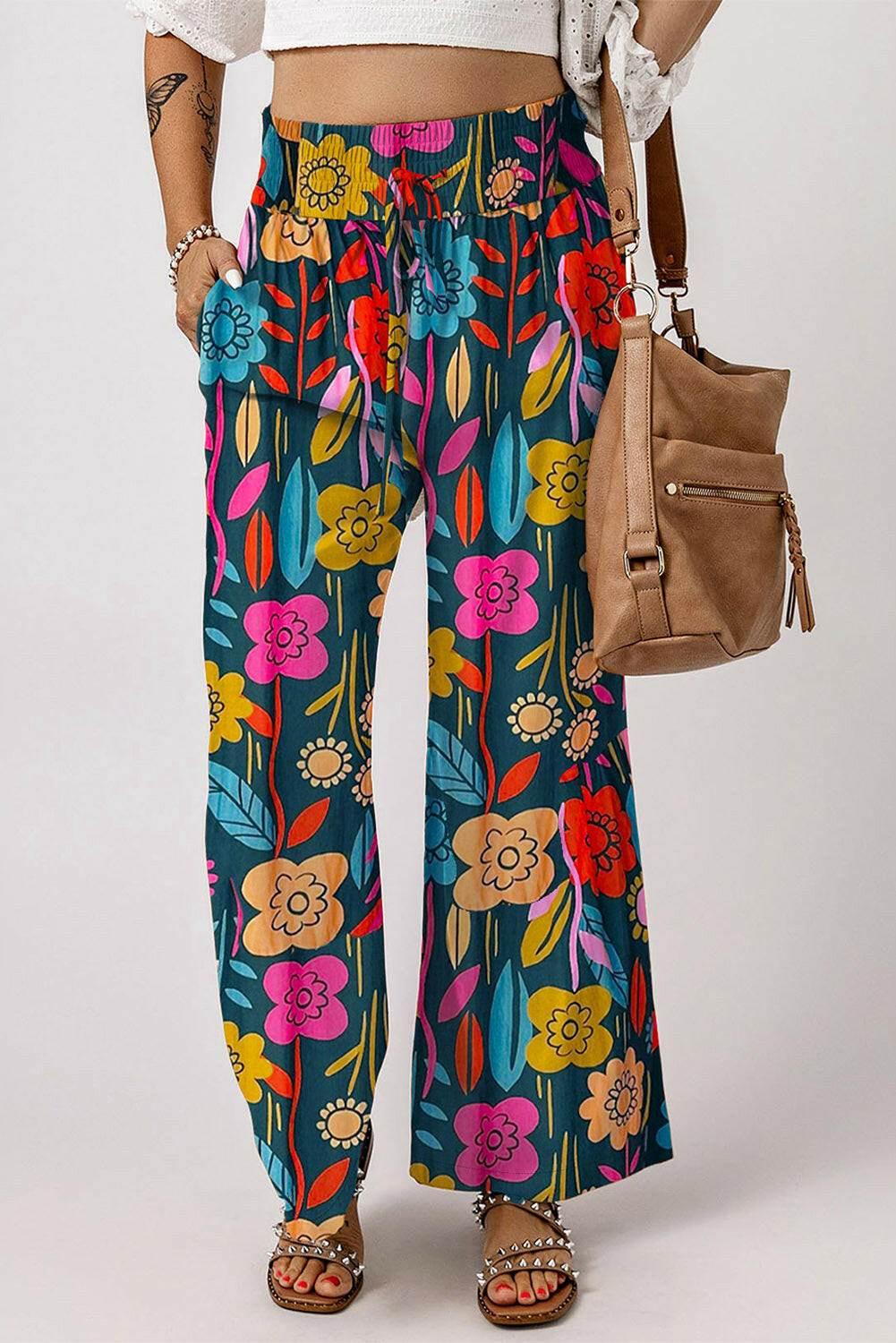 Printed high waist wide leg pants with colorful floral pattern and cotton fabric