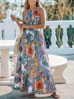 Printed Halter Neck Maxi Dress - StyleLure
