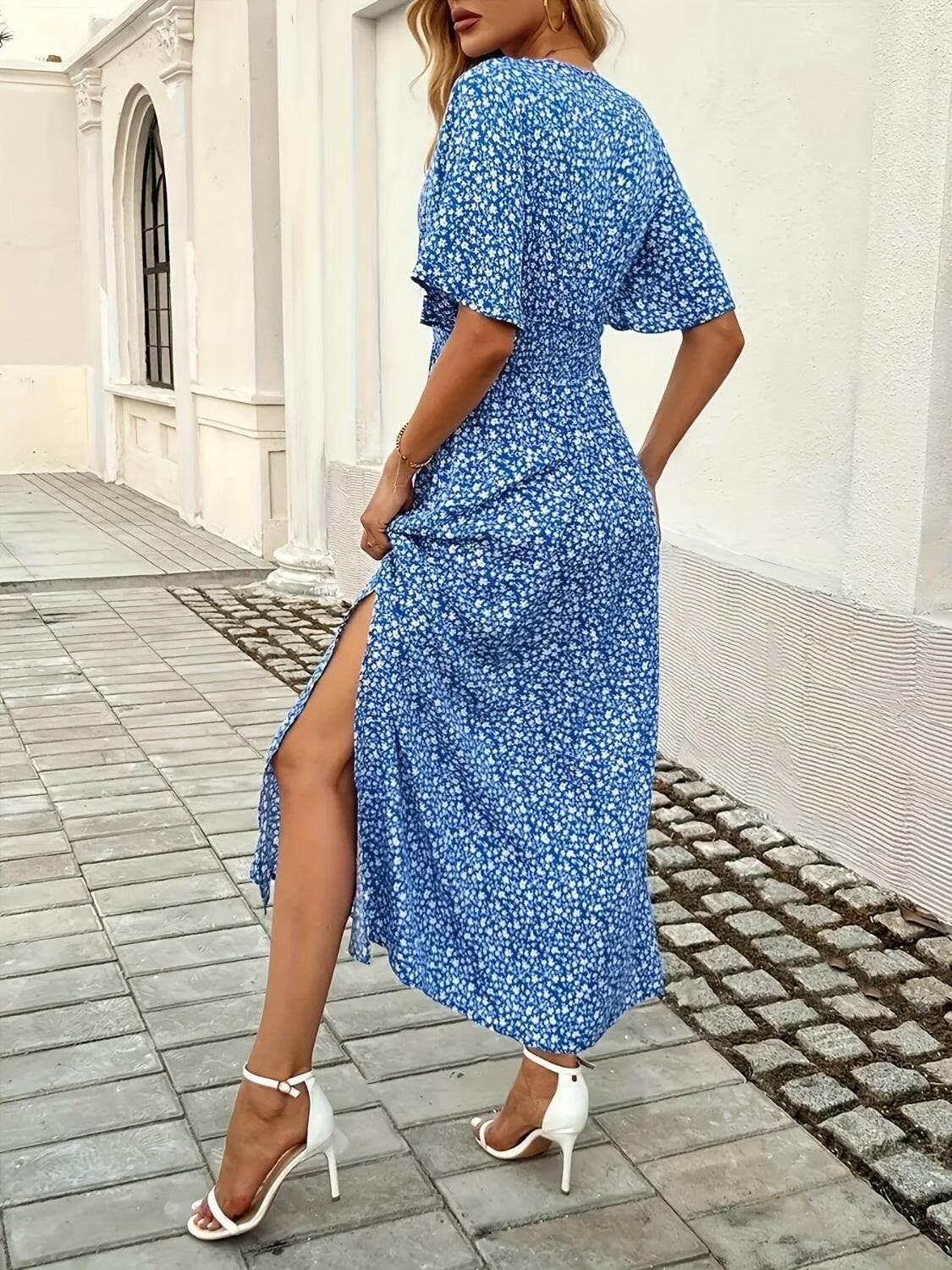 Slit Ditsy Floral Surplice Short Sleeve Maxi Dress - StyleLure