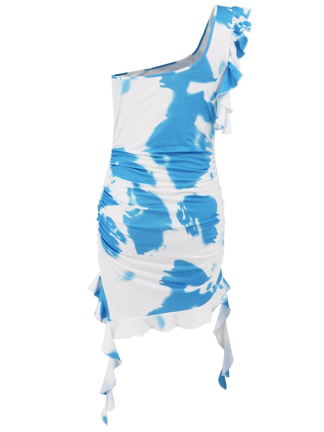 Ruffled Tie-Dye Single Shoulder Mini Dress - StyleLure