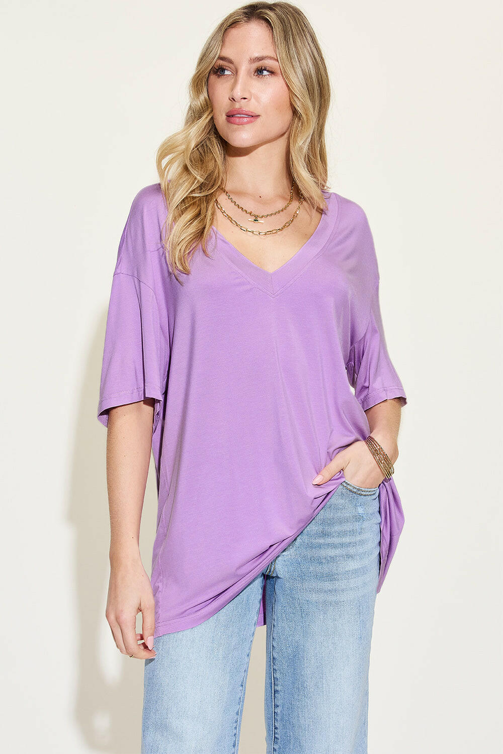 Basic Bae Full Size Bamboo V-Neck Drop Shoulder T-Shirt - StyleLure