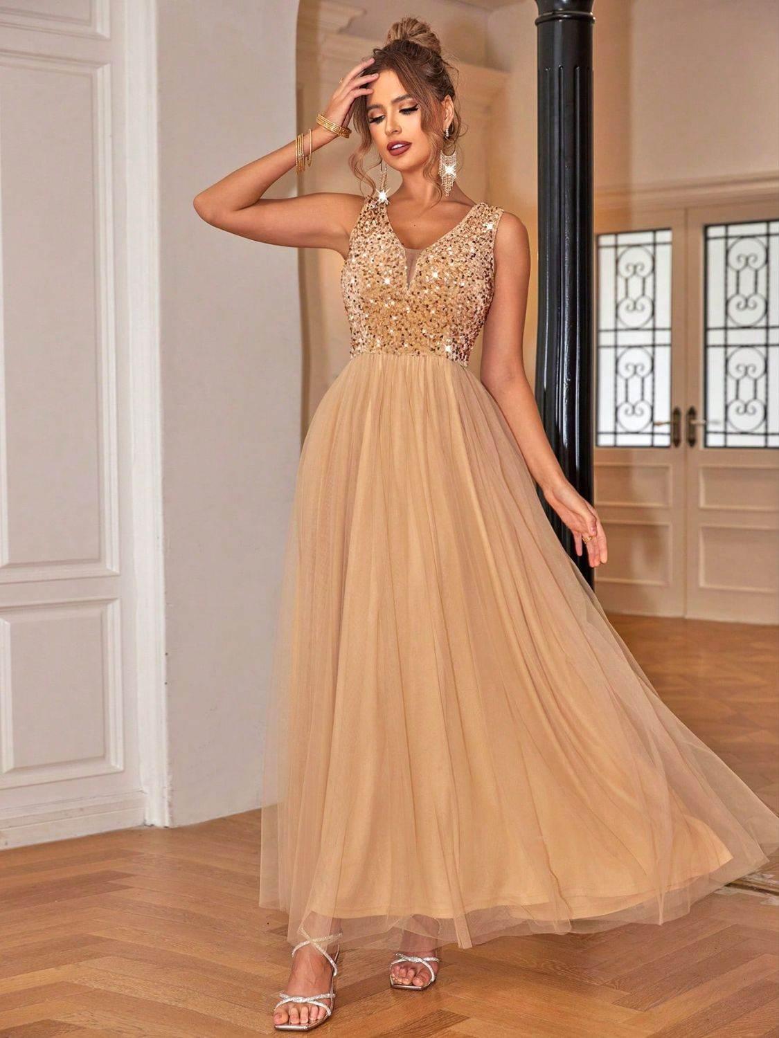 Sequin V-Neck Sleeveless Dress - StyleLure