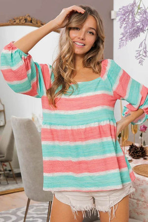 BiBi Stripe Printed Bubble Woven Balloon Sleeves Top - StyleLure