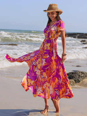 Printed V-Neck Short Sleeve Midi Dress - StyleLure