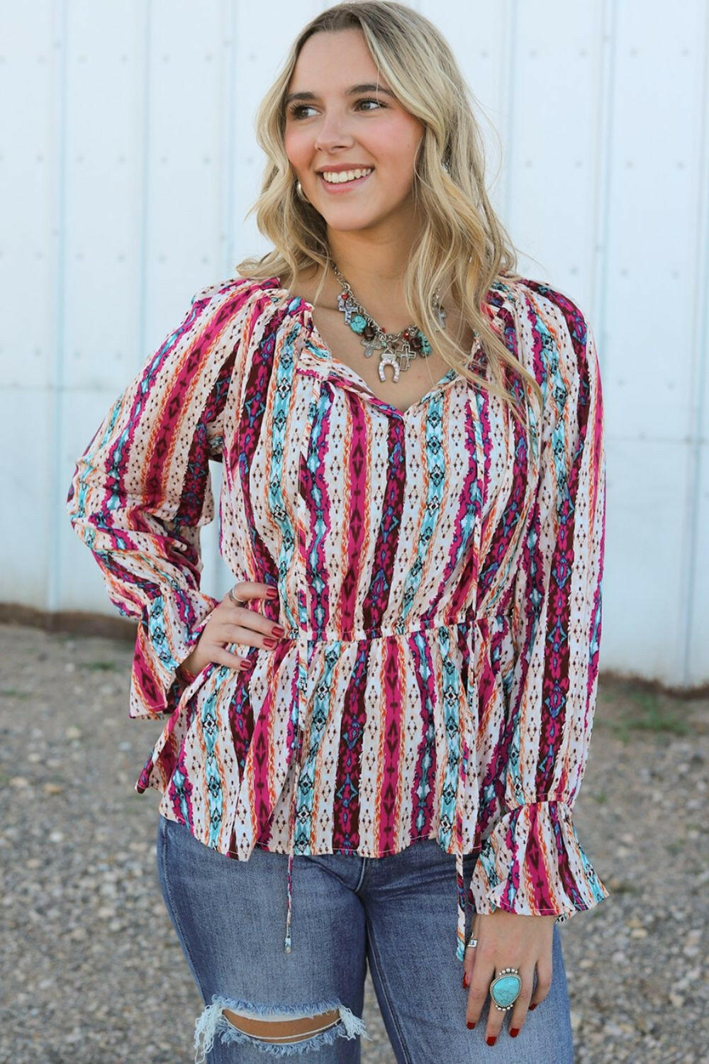 Multicolour Western Print Split Neck Peplum Blouse - StyleLure