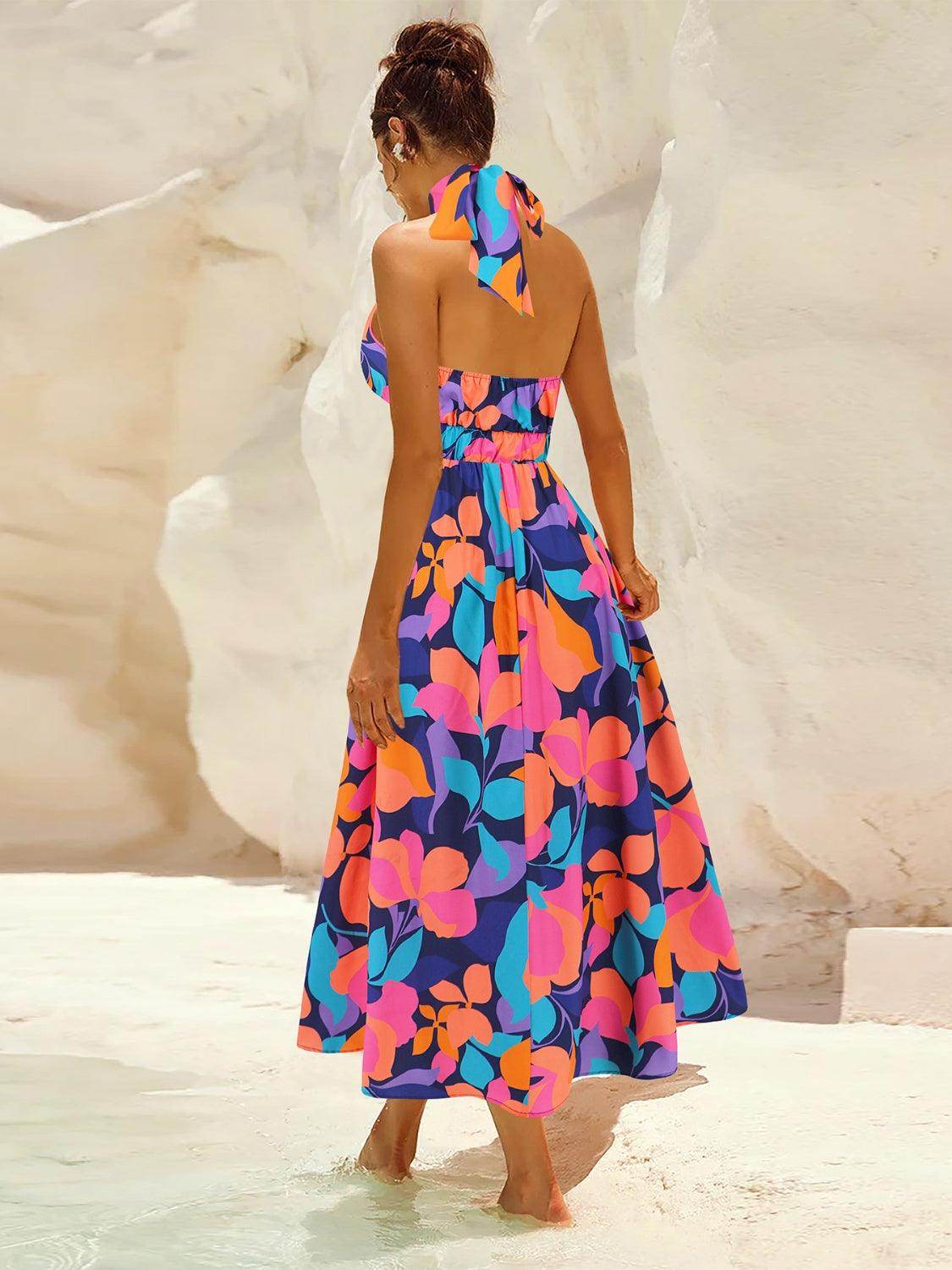 Ruched Printed Halter Neck Dress - StyleLure