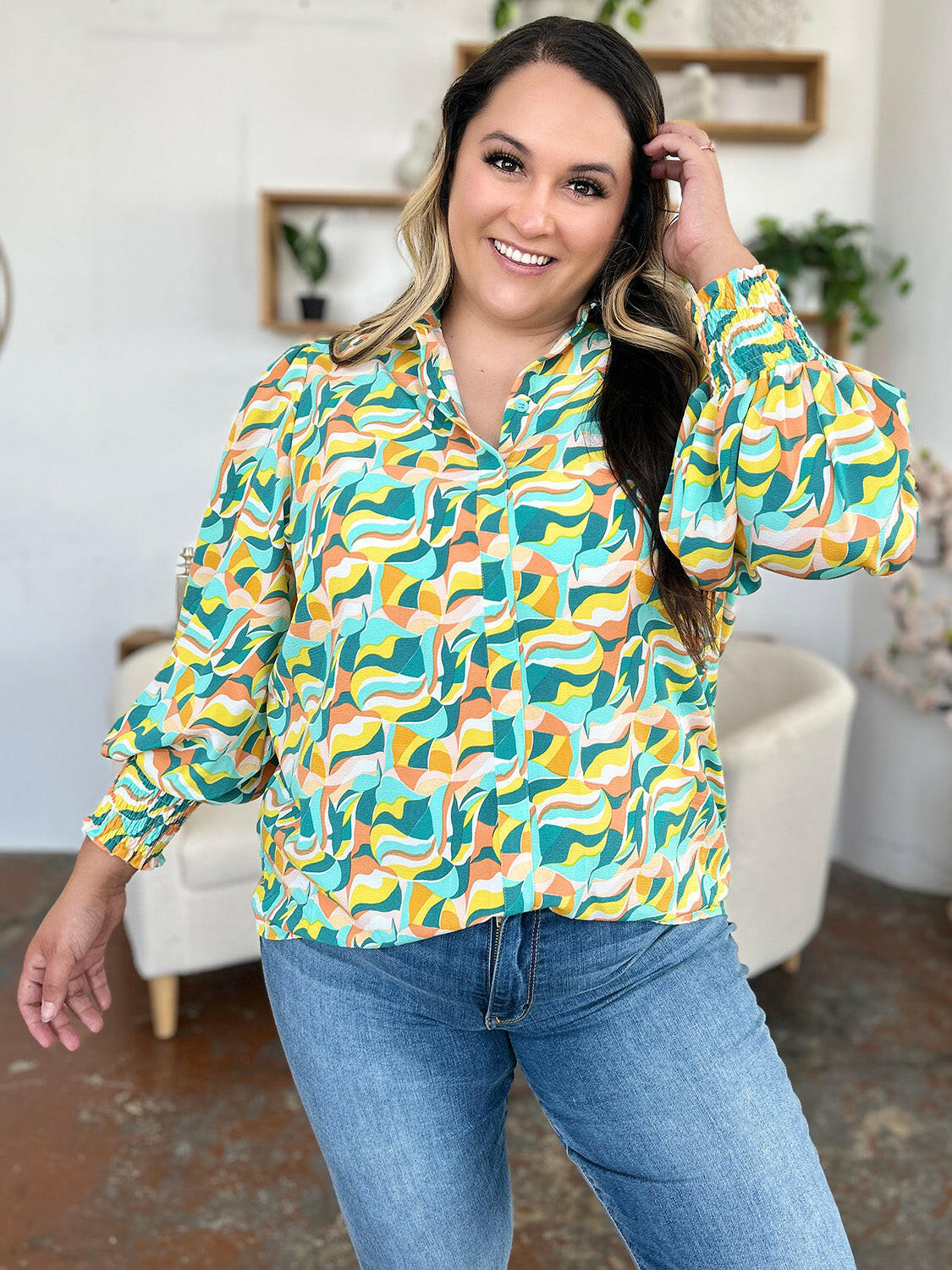 Double Take Full Size Printed Smocked Long Sleeve Blouse - StyleLure