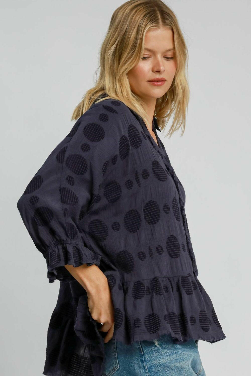 Umgee Full Size Swiss Dot Half Button Flounce Sleeve Blouse Plus Size - StyleLure
