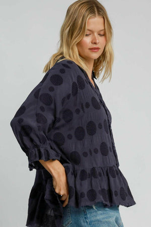 Umgee Full Size Swiss Dot Half Button Flounce Sleeve Blouse Plus Size - StyleLure