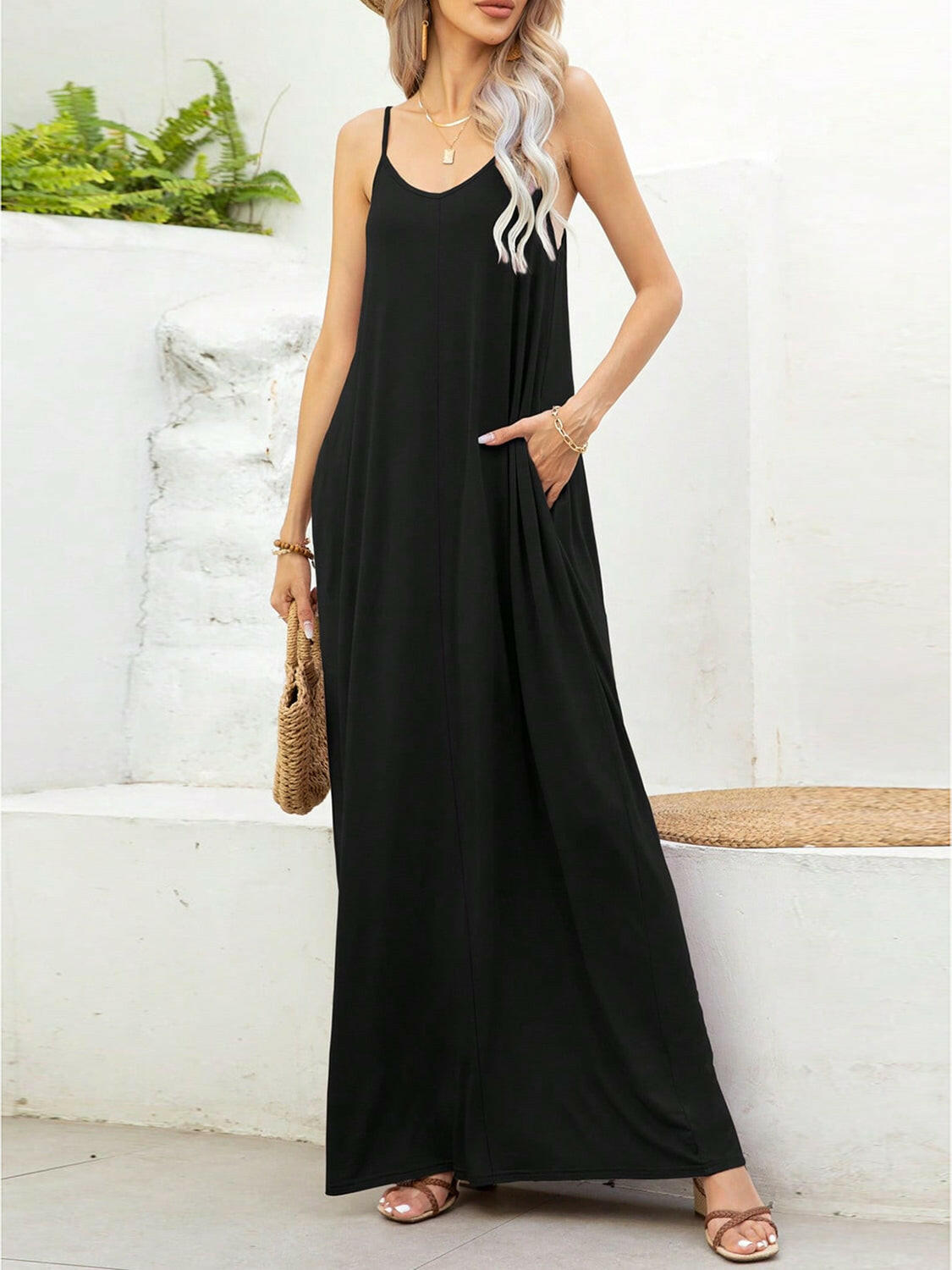 V-Neck Maxi Cami Dress with Pockets - StyleLure