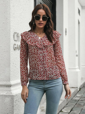 Printed Statement Collar Long Sleeve Blouse - StyleLure
