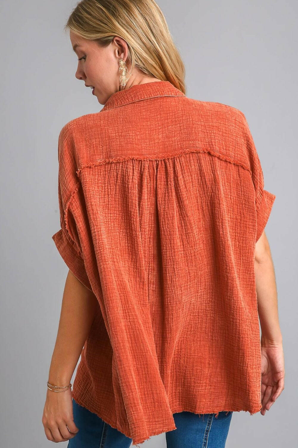 Umgee Full Size Cotton Gauze Mineral Wash Button Down Shirt Plus Size - StyleLure