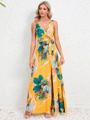 Slit Tied Printed Surplice Dress - StyleLure