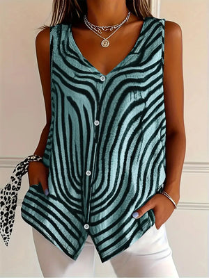 Sleeveless zebra print button-up tank top with v-neck and no stretch polyester blend fabric