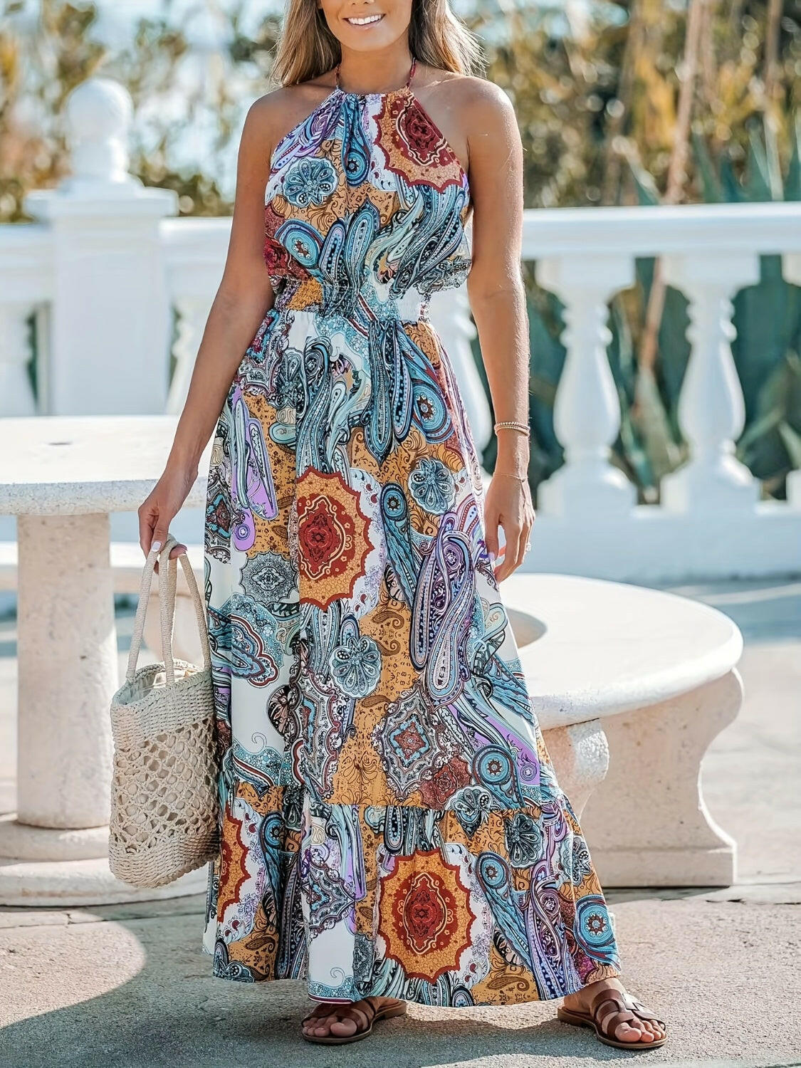 Printed Halter Neck Maxi Dress - StyleLure