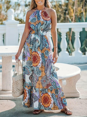 Printed Halter Neck Maxi Dress - StyleLure