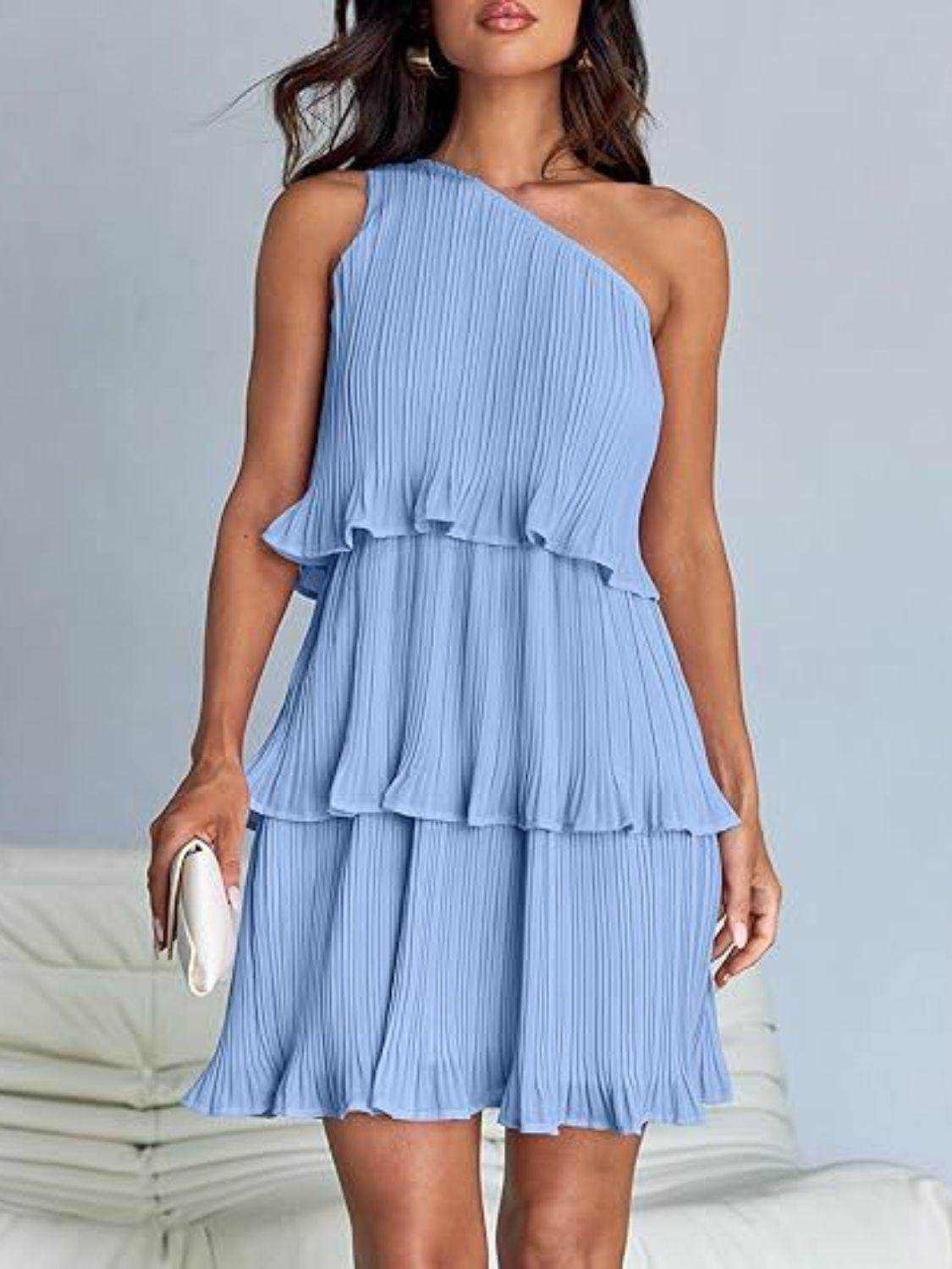 Layered Single Shoulder Mini Dress - StyleLure