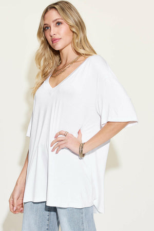Basic Bae Full Size Bamboo V-Neck Drop Shoulder T-Shirt - StyleLure