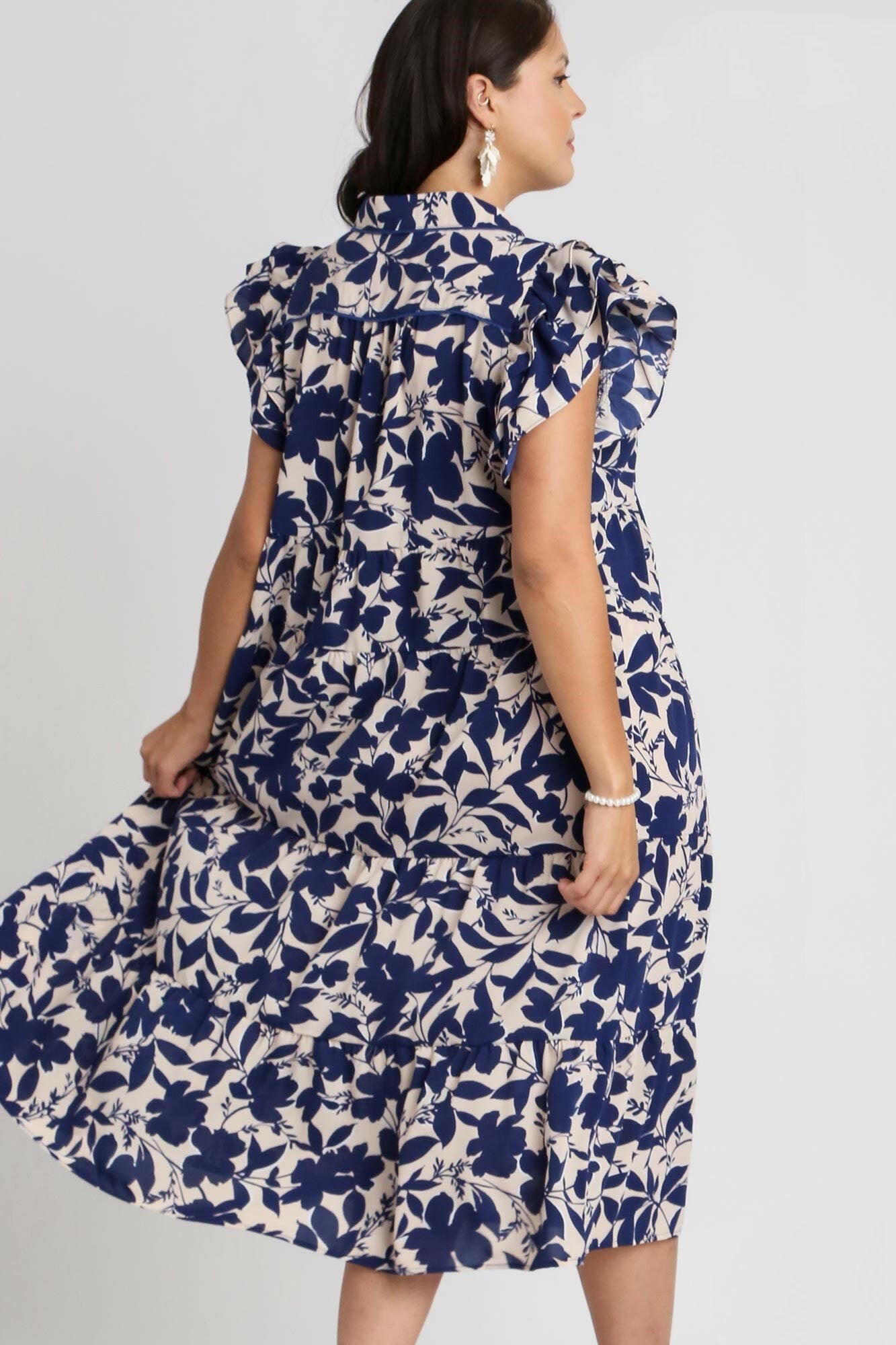 Umgee Full Size Floral Collared Ruffle Cap Sleeve Midi Dress Plus Size - StyleLure